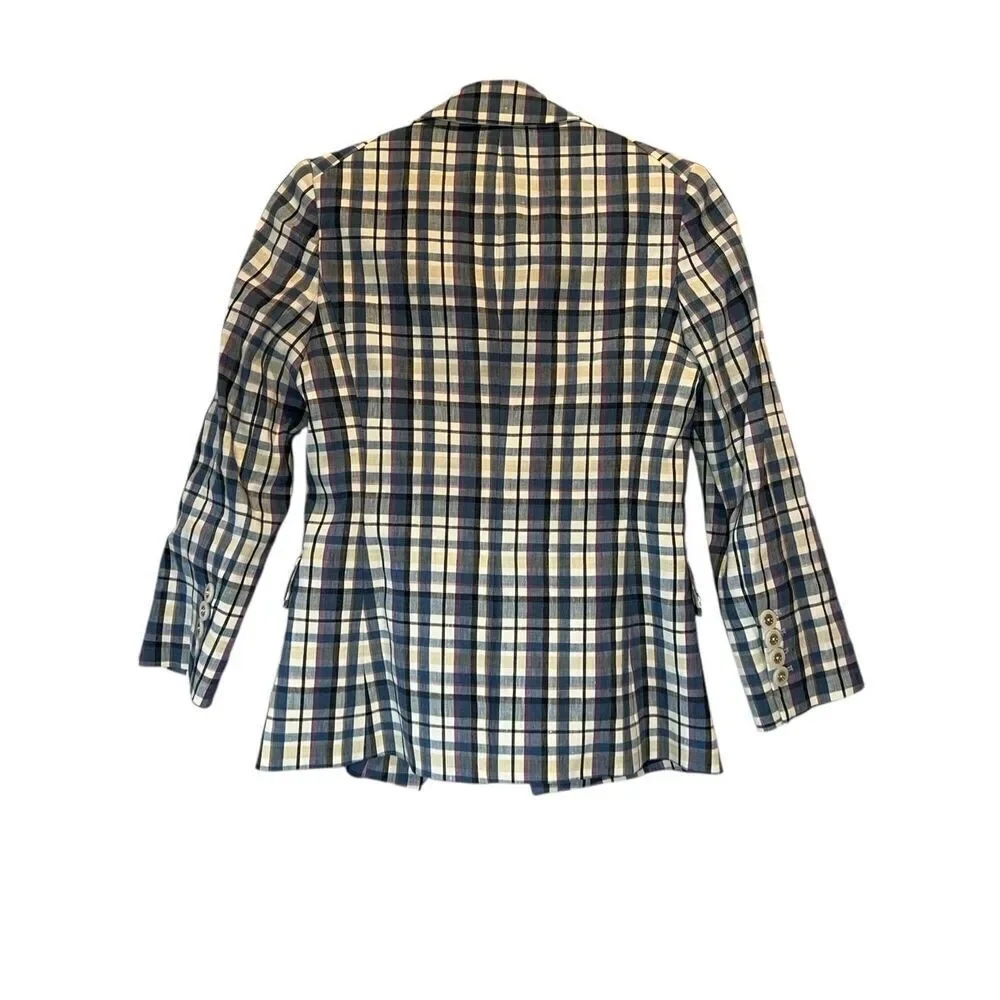 VERONICA BEARD Empire Dickey Jacket blue multi-plaid linen blend Size 0